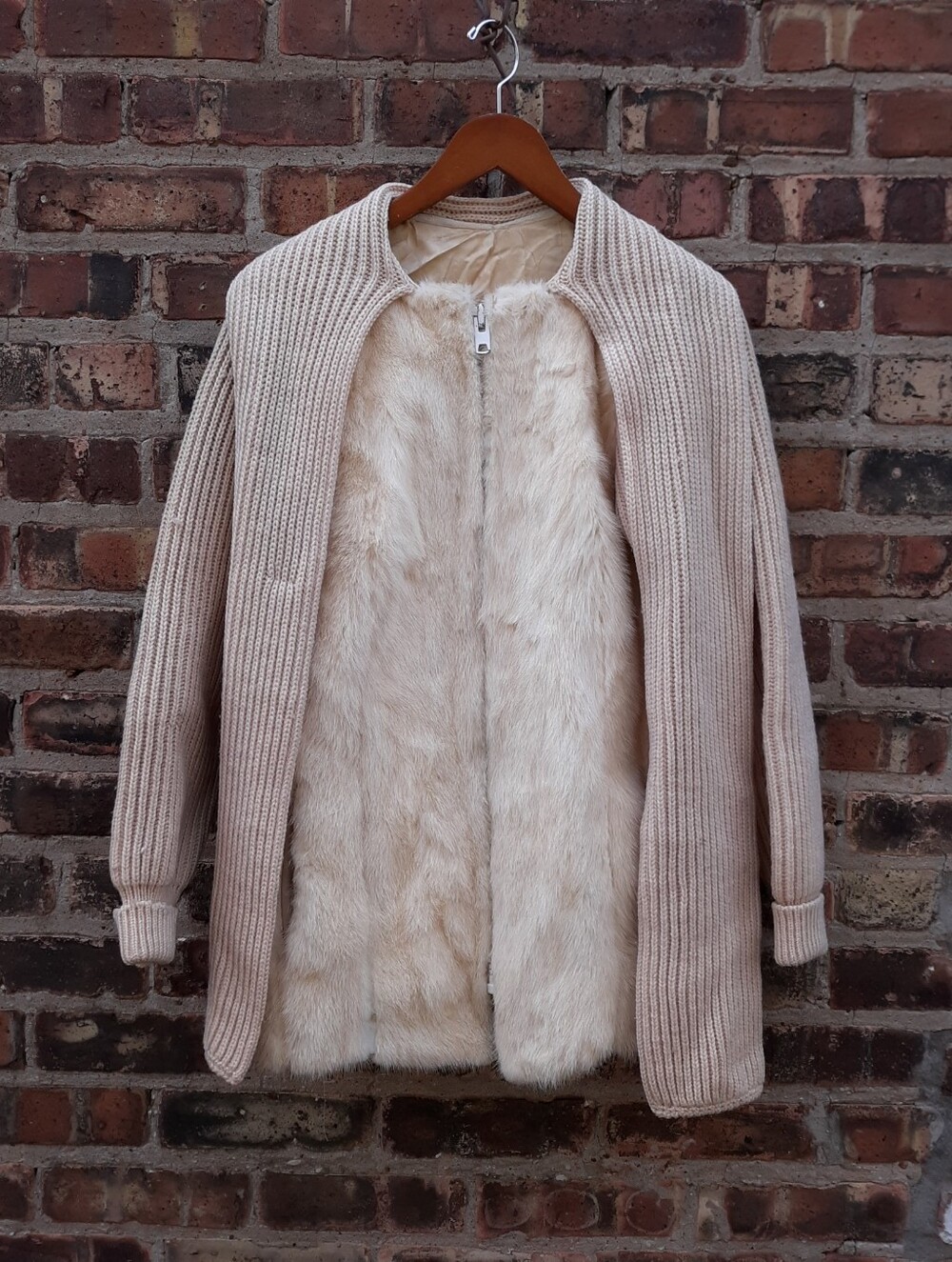 Vintage Real Fur Cream Wool Ribbed Knit Jacket Leather Trim Full Zip Cream